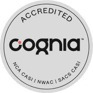 Sello acreditado Cognia con texto "ACCREDITED" y "Ncas | CASI | NWAC | SACS CASI